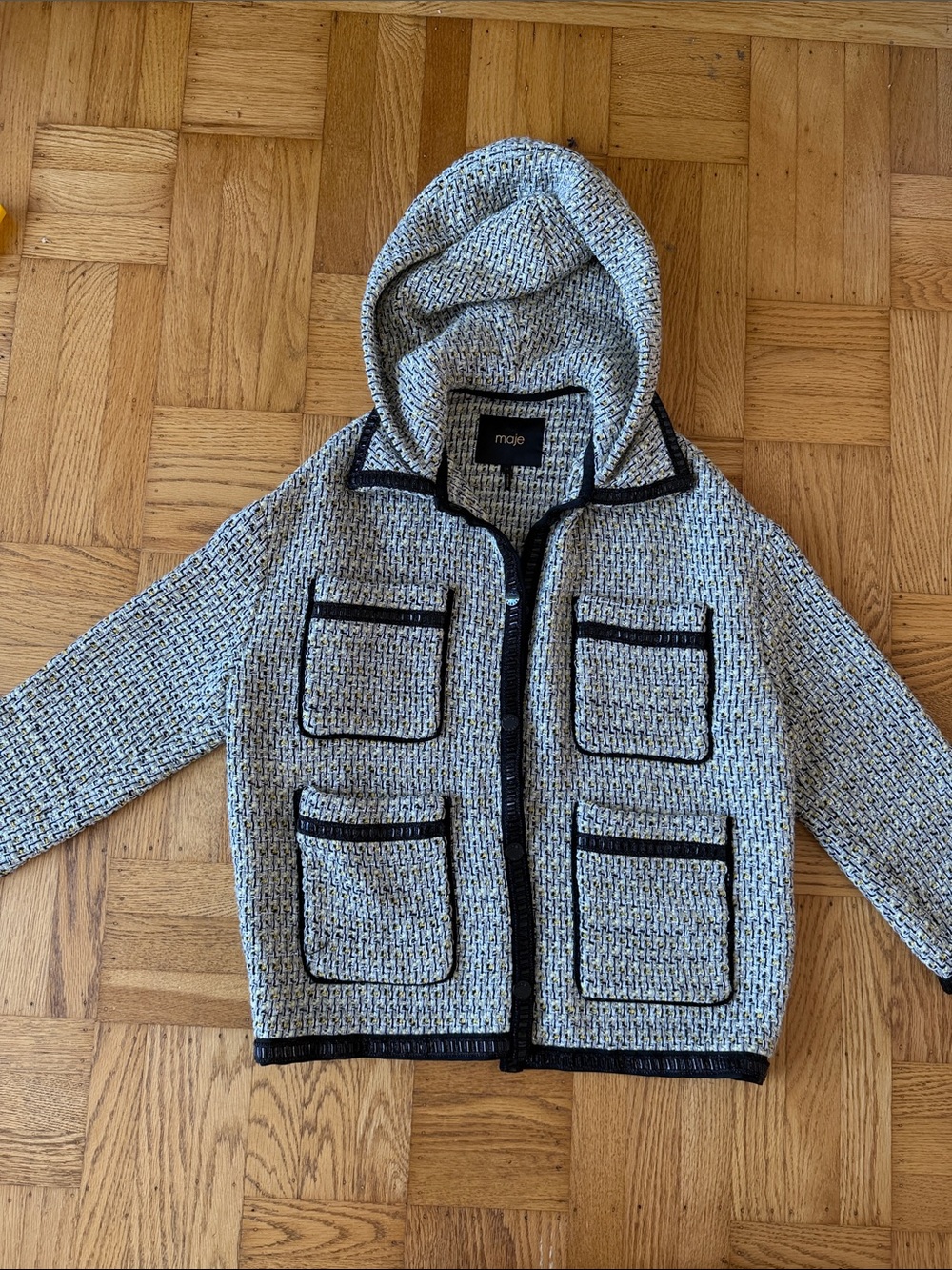 MAJE Womens Gakota Embellished Tweed Hooded Jacket Size 34 Black Yellow
